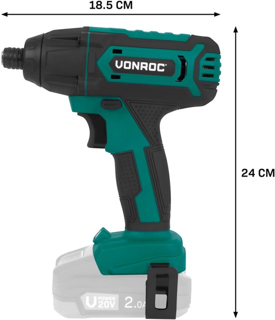 VONROC Accu Slagschroevendraaier 20V – 180Nm – Opname: 6,35 mm ¼” - Incl. Schroefbits, mag-netische bithouder en dophouder - Excl. Accu en Snellader