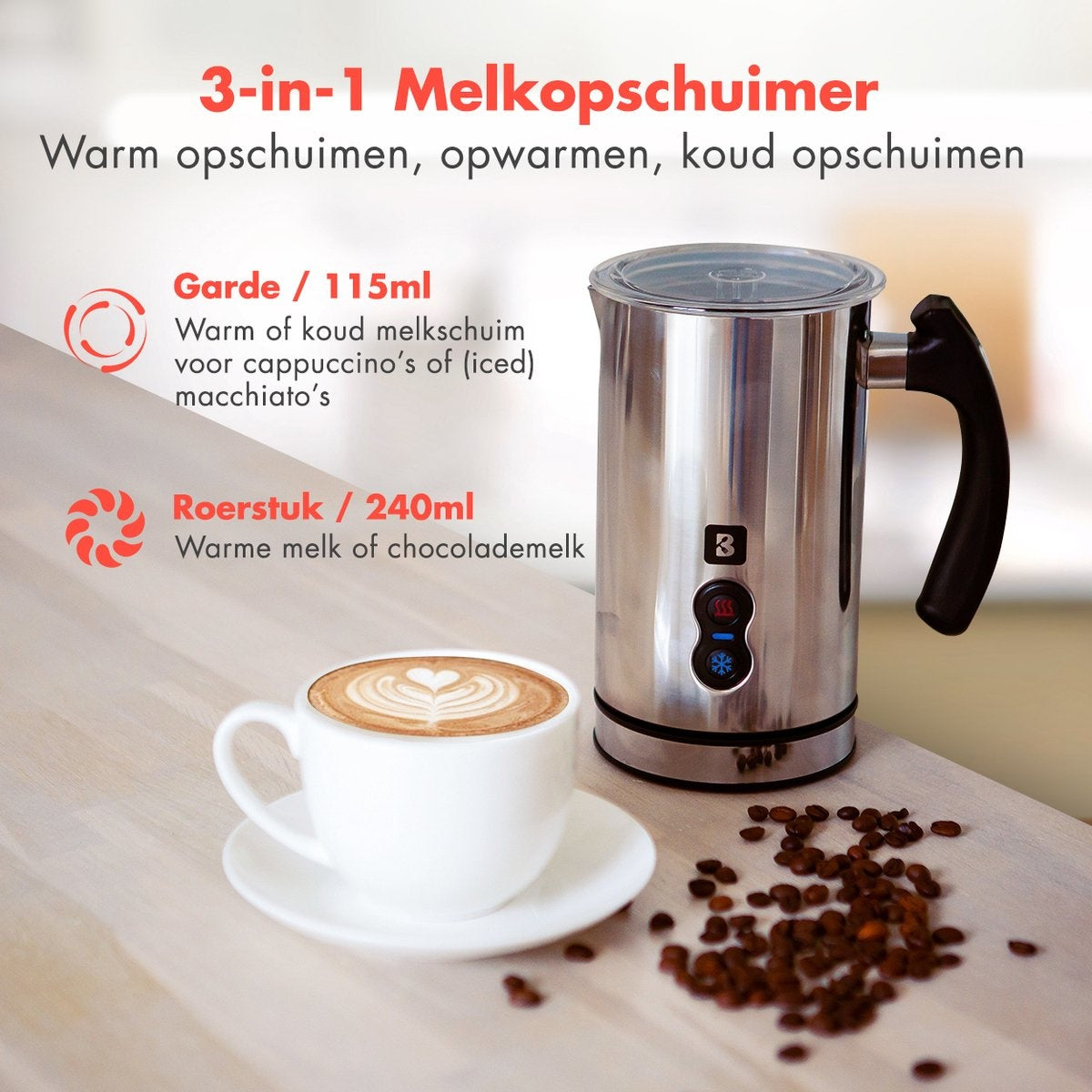 KitchenBrothers Elektrische Melkopschuimer - 240 ML - Handige Melkschuimer - RVS/Zwart