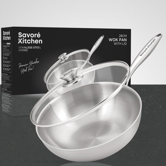 Savoré Kitchen Wokpan RVS 28 cm met Deksel – Inductie Geschikt – Wokpannen – 3-Ply – Professionele Warmteverdeling