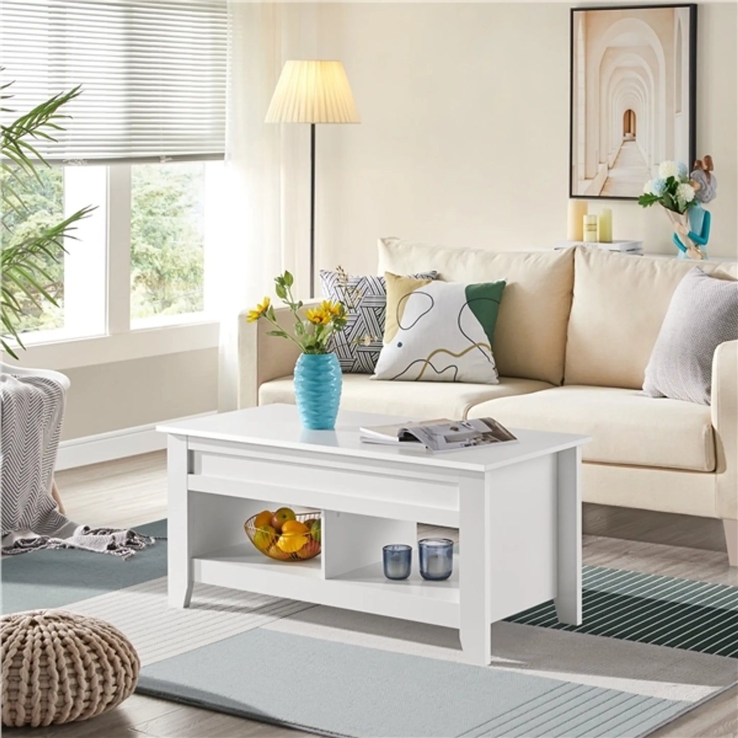 Yaheetech Salontafel Met Lift-Top Functie – Voorzien Van Verborgen Opbergruimte En Twee Open Planken En Veermechanisme – Voor Woonkamer En Kleine Ruimtes – Wit Mdf En Metaal – 104,5 x 49,5 x 49-61,5 cm