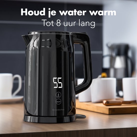 KitchenBrothers Waterkoker - Met Temperatuurregeling - Elektrisch - Kalkfilter - Warmhoudfunctie - Display - Dubbelwandig - Cool-touch - 1,7L - 2200W - Zwart