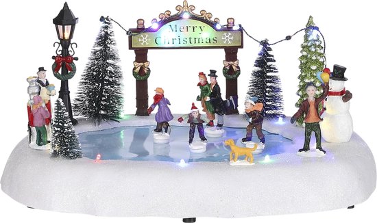 LuVille Kerstdorp Miniatuur Schaatsen op de Vijver - L32 x B25 x H15 cm