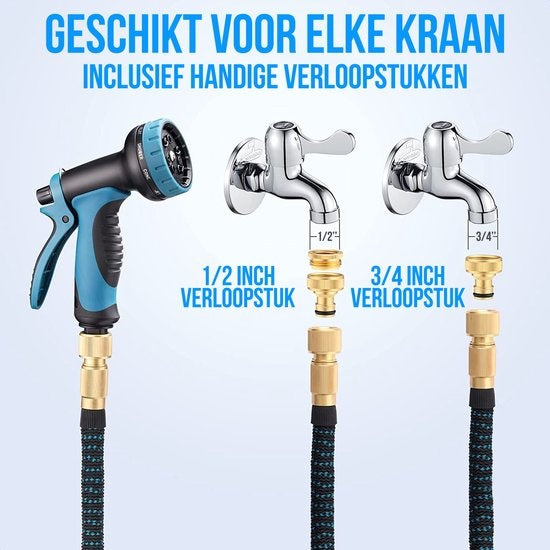 Strex Flexibele Tuinslang 15M met Sproeikop - Uitrekbaar - Incl. Koppelingen, Ophanghaak & Opbergzak