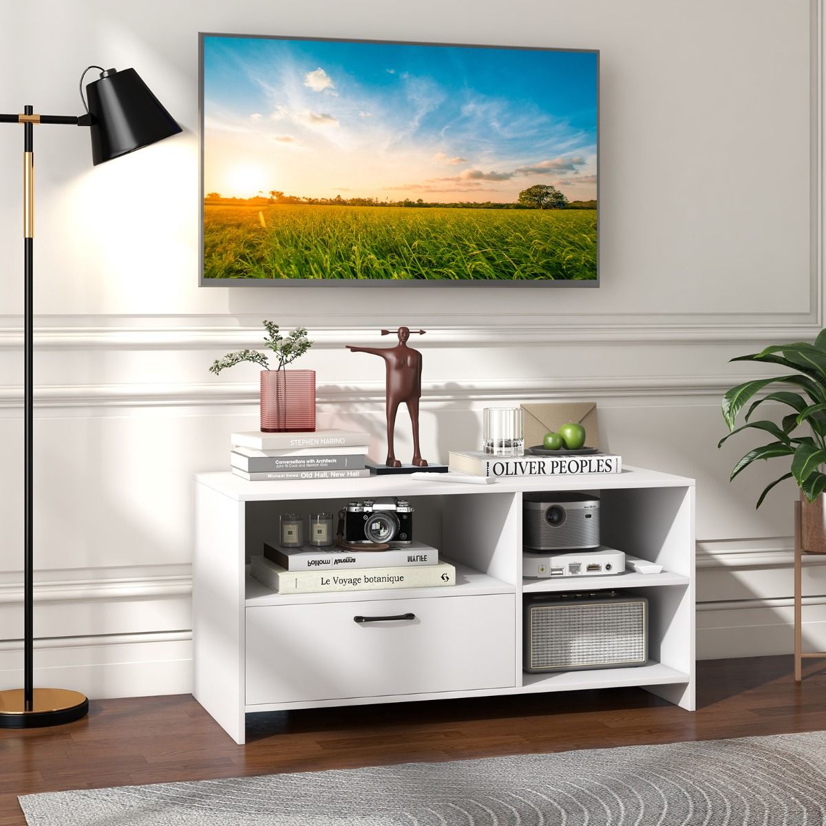 Coast TV-Kast Lowboard 104,5 x 51,5 x 52 cm Wit met Lade en Open Vakken voor Televisies tot 50 Inch