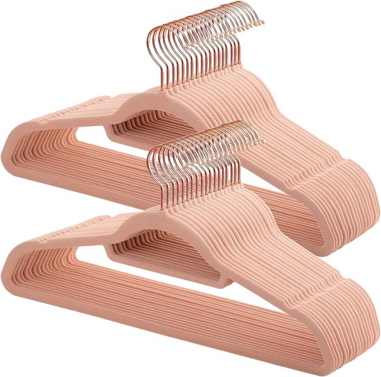 Fluwelen Kleerhanger 50 stuks Anti-slip Jashanger Draaibare Haak in Roze Goud - Ruimtebesparend 45 cm lang voor Kleding - Roze CRF21PK50 kledinghangers