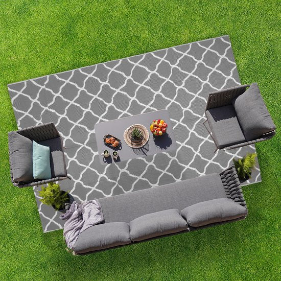 LifeGoods Buitenkleed - 183x290CM - Vloerkleed - Tuintapijt - Buitentapijt - Omkeerbaar - Incl. Draagtas - Met Patroon - Grijs/Wit