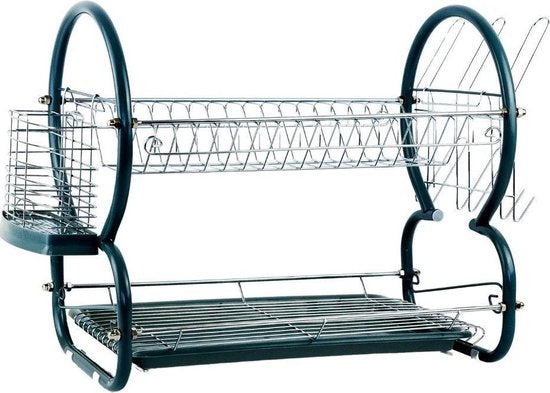Afdruiprek/afwasrek 2-laags met lekbak en verwijderbare bestekbak grijs 43 x 24,5 cm van metaal - Afwassen