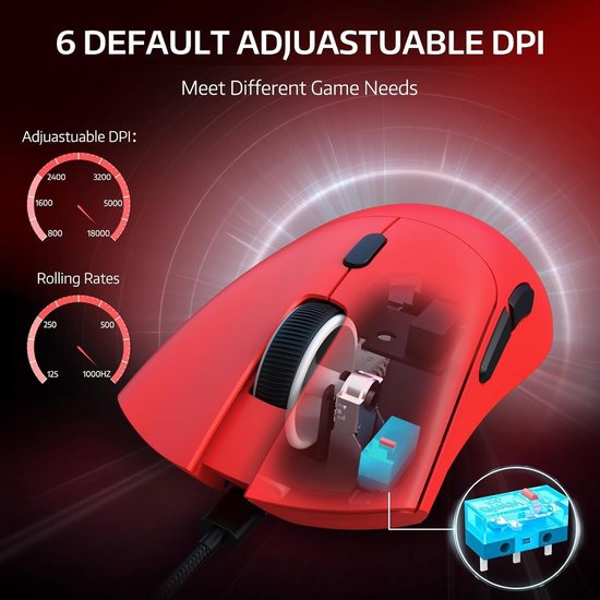 ATTACK SHARK R1 Superlight Gamingmuis 59g – Rood – 12,2 × 6,4 × 3,8 cm – Draadloos & Bedraad – Tot 18.000 DPI – 65 Uur Batterijduur