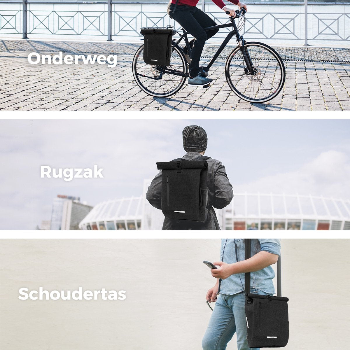 LifeGoods Enkele Fietstas - Compact - Schoudertas en Rugtas - 25L - Ronde Bagagedragers - Waterdicht - Zwart