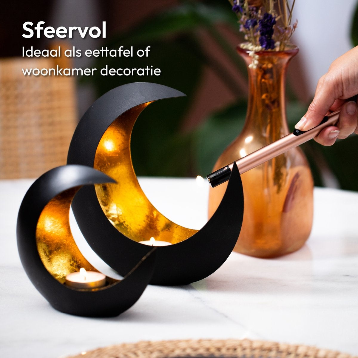 Gadgy Waxinelichthouder Maan - Theelichthouder – Set van 2: 15 cm en 21 cm – Zwart / Goud - Metaal