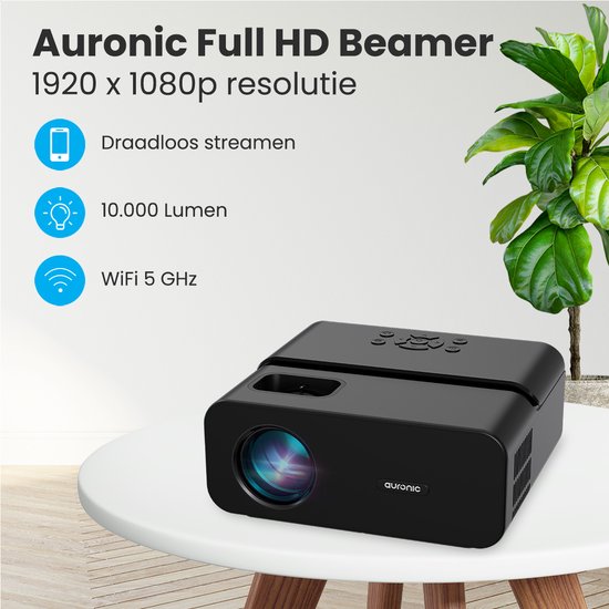 Auronic Beamer 10.000 Lumen - 1080P Full HD Streamen vanaf je telefoon - WiFi - Smart Mini Projector - HDMI-kabel - Afstandsbediening - Zwart