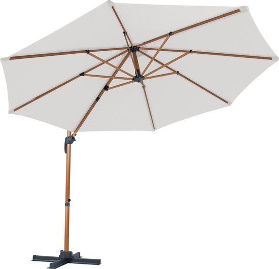 AXI Marisol Zweefparasol Ø 300cm Houtlook/beige incl. Hoes – Gepoedercoat aluminium frame met kruisvoet – 360° Draaibaar – Kantelbaar – UV werend doek