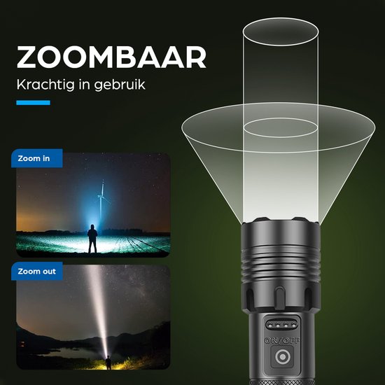 Exortus® Oplaadbare LED Zaklamp - 5000 Lumen - Duurzaam en Waterdicht - 26650 Batterij - COB Verlichting - Opbergdoos - Holster