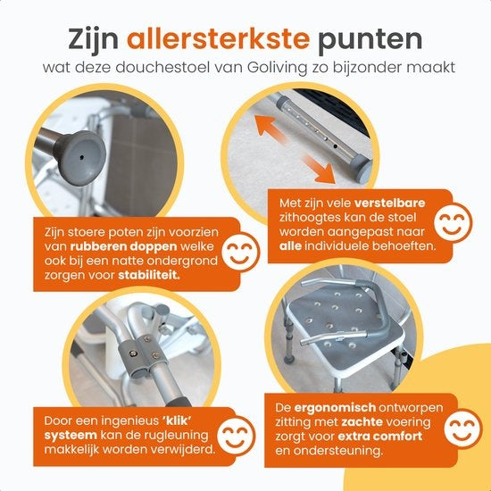 Goliving Verstelbare Douchestoel - Afneembare Arm- en Rugleuning - Douchekruk met Douchekop houder - Antislip - 3.2 kg - Hoogte 70-84 cm - Wit
