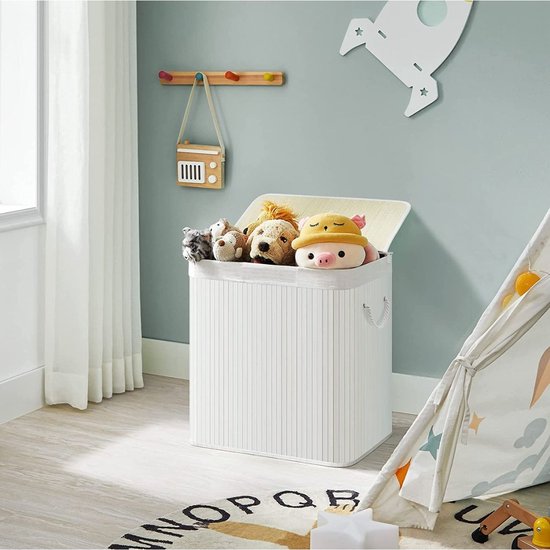 SONGMICS - Wasmand 150 liter - 3 sorteervakken - 60x40x61.5 - bamboe met stof - wit LCB091W01