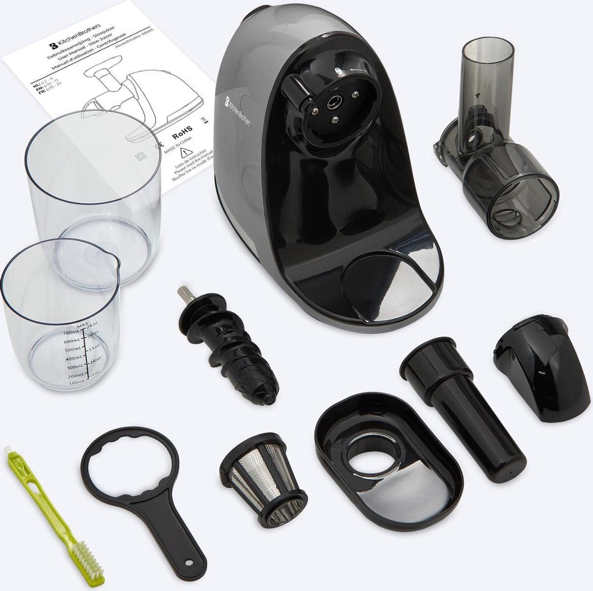 KitchenBrothers Slowjuicer - Juicer - Groenten en Fruitpers - 700ml Sapbeker - 1400ml Pulpcontainer - Grijs