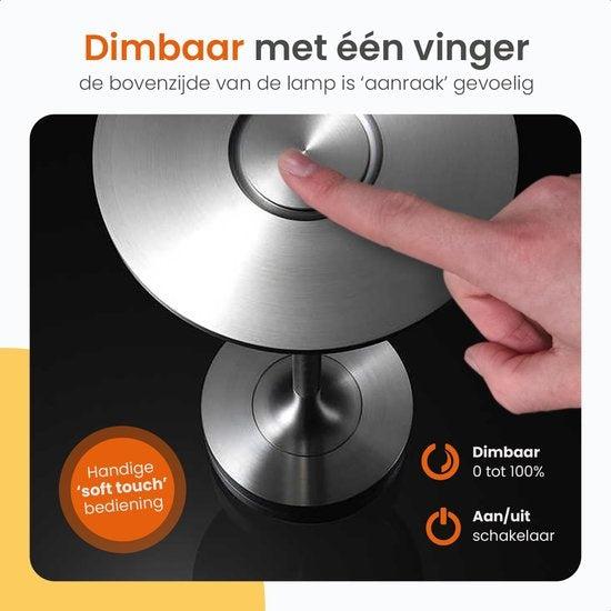 Goliving Tafellamp Oplaadbaar – Draadloos en dimbaar – Moderne touch lamp – Nachtlamp Slaapkamer – Spatwaterbestendig – 27 cm – Zilver