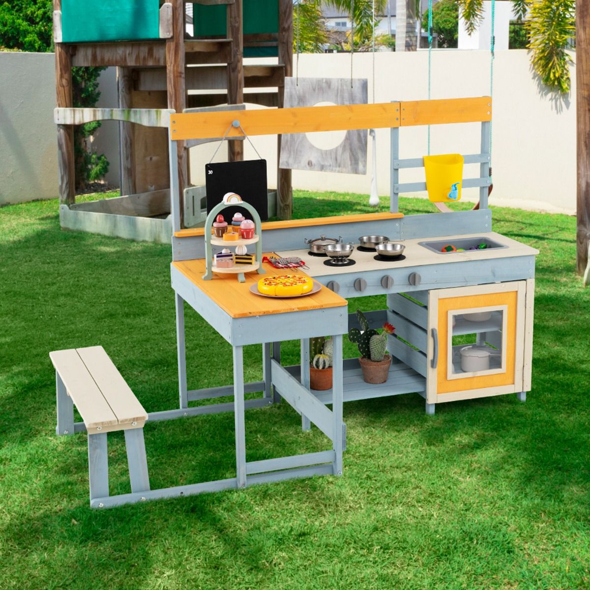 Coast Speelkeuken voor kinderen - 2-in-1 speelkeuken en eethoek - met opbergruimte en accessoires - grijs - 150 x 71 x 99 cm