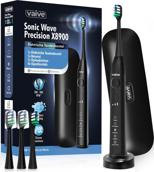 Vaive Sonic Wave Precision X8900 Elektrische Tandenborstel - 48000 VPM - 5 Standen, 3 Niveaus - 4 Borstelkoppen & Reisetui
