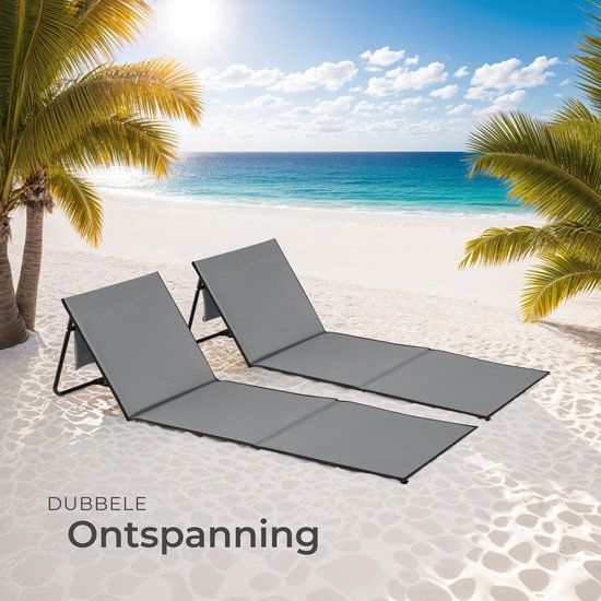tectake® Strandmat - Set van 2 opvouwbare ligmatten met verstelbare rugleuning, draagriem en opbergvak - Ideaal voor strand, camping of tuin - Lichtgewicht en onderhoudsvriendelijk - Grijs
