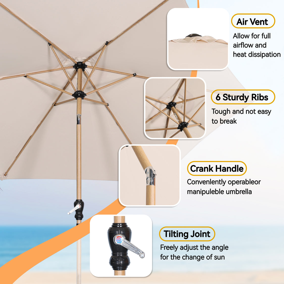 Angel Living Parasol Ø 300 cm - Rond Kantelbare Tuinparasol met Zwengel - Aluminium en Polyester - UV50+ - Waterafstotend - Cremegeel