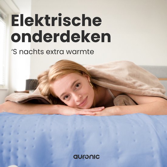 Auronic Elektrische Onderdeken - 160x140cm - 2 Persoons - met Hoekelastieken en 2 Controllers - Verwarmingsdeken - Blauw