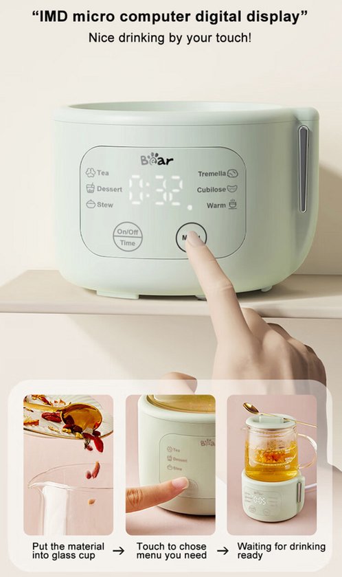 Bear Mini Waterkoker 0,4L – Touch Control & 6 Functies – Borosilicaatglas & Filter – 430W – Compact & Stijlvol Ontwerp