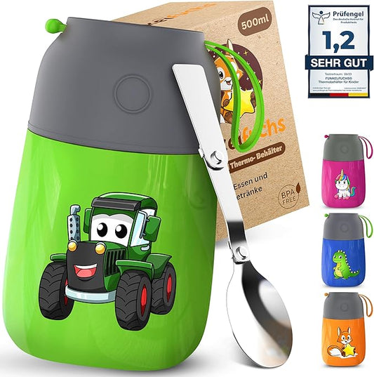 Funkelfuchs® Thermo beker voor kindervoeding - 500ml, groene trekker - 100% lekvrij - roestvrijstalen voedselwarmer - thermo beker voeding - thermo lunch box kinderen - baby voedselwarmer