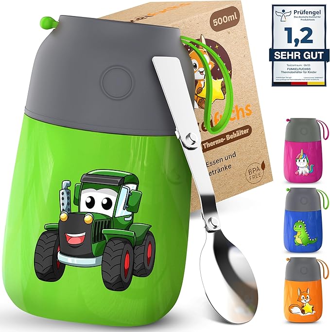 Funkelfuchs® Thermo beker voor kindervoeding - 500ml, groene trekker - 100% lekvrij - roestvrijstalen voedselwarmer - thermo beker voeding - thermo lunch box kinderen - baby voedselwarmer