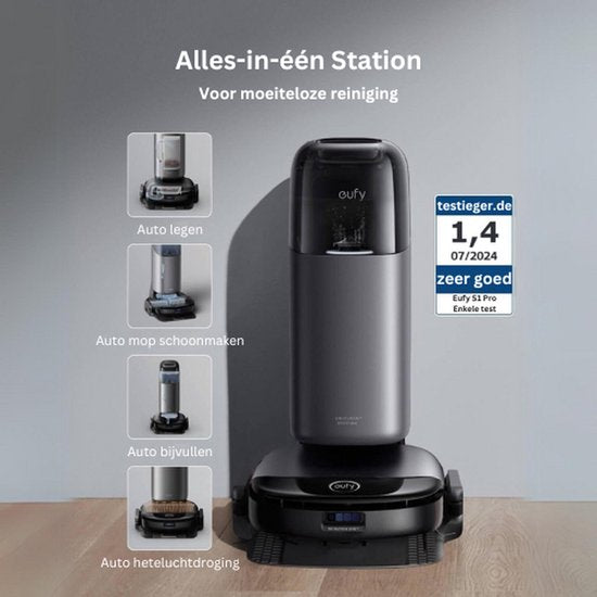 eufy S1 Pro robotstofzuiger met alles-in-1 station en dweilfunctie - Zelfreinigend met ALWAYS CLEAN MOP™ & Eco Clean Ozon™ - 8.000Pa zuigkracht - Automatische moplift - Intelligente obstakeldetectie