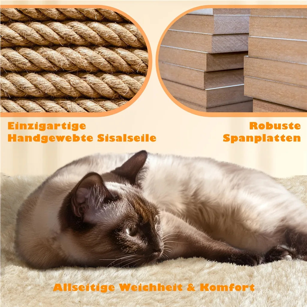 Yaheetech Krabpaal Beige – 158 cm Hoog – Met 2 Platforms, 2 Kattenhuisjes en 5 Sisal Krabpalen