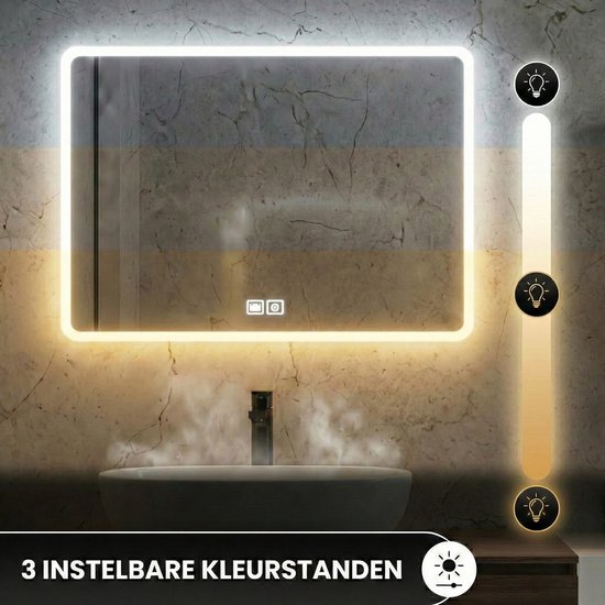 Bayt Badkamerspiegel - Badkamerspiegel met verlichting - Wandspiegel - 3 LED standen - Anti-Condens - 75x52 cm