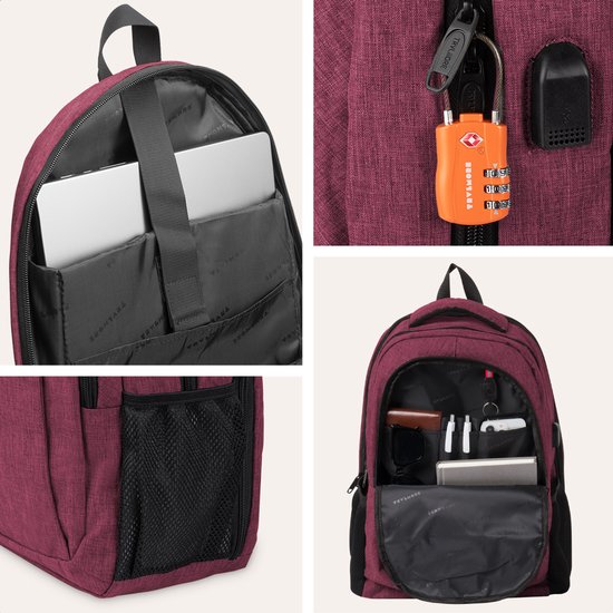 TRVLMORE Rugzak met Levenslange - Rugtas met 15,6 Inch Laptopvak - Schooltas - Spatwaterdicht - Heren en Dames - Jongens en Meisjes - 28L - Burgundy
