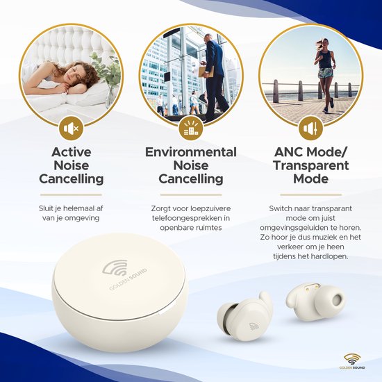 Golden Sound Oordopjes slapen - Draadloze oordopjes - Oortjes draadloos - Sleep Plugs - Active Noise Cancelling 24dB - Slaap oordopjes - Geschikt voor elke laptop en smartphone - Wit