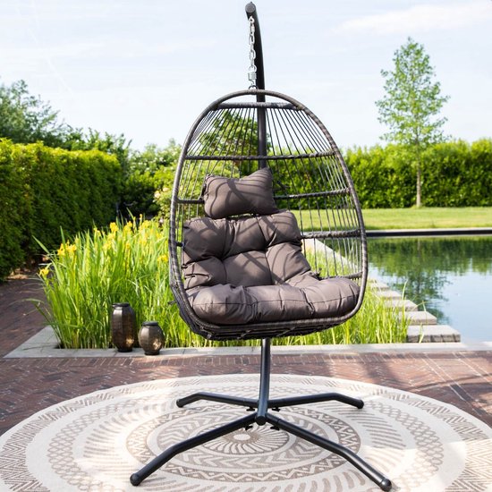 Vita5 Egg Hangstoel – Binnen en Buiten – Cocoon Stoel - met Standaard - tot 150kg – Opvouwbaar - Incl. Kussen – Donkerbruin
