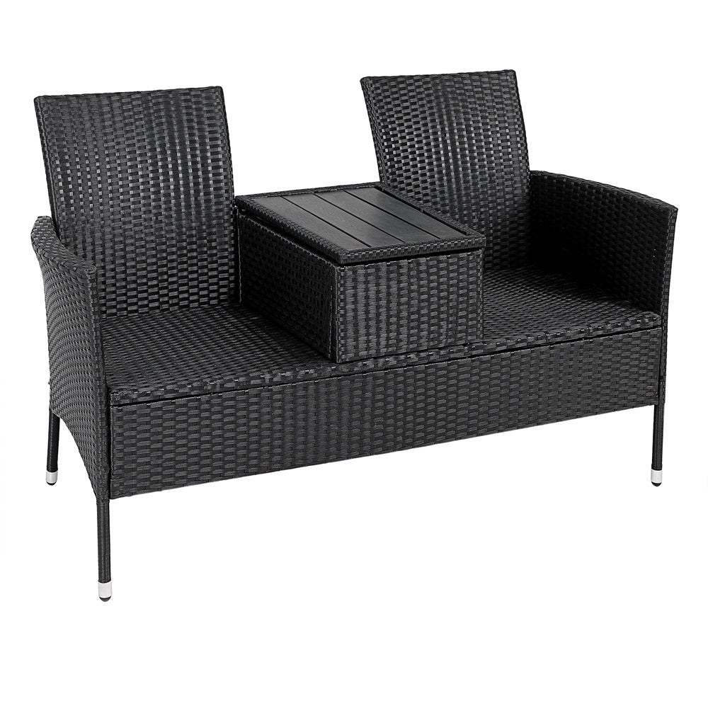 Casaria Tuinbank Polyrattan – 2 Zitter Incl. Tafel & Kussens – Zwart