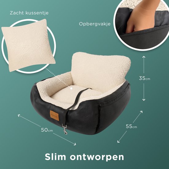 CozySense® Honden Autostoel - Hondenmand Auto voor Kleine Hond - Voorbank & Achterbank - Met Veiligheidsriem, Opbergvak & Wasbare Hoes - Zwart/Beige