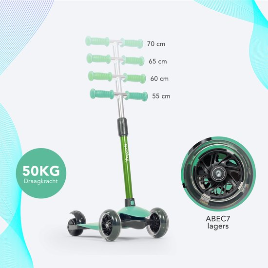 LifeGoods Kinderstep - Step 2-5 Jaar - 3 Lichtgevende LED Wielen - Hoogte Verstelbaar - Jongens/Meisjes - Muntgroen