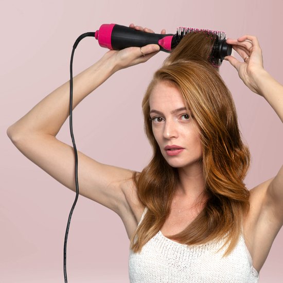 Auronic 3-in-1 Föhnborstel voor Extra Volume, Stijlen en Krullen - Airstyler - Krulborstel - Keramische Magic Brush - 1000W - Ø 45 mm - Zwart/Roze