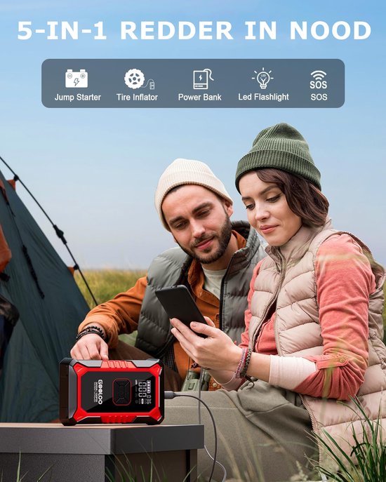 GOOLOO A3 - Draagbare Jumpstarter met Compressor & Powerbank - 3000A - 12V Voertuigen - USB Snelladen - Compact Design - LED Zaklamp - Voor Auto, Motor & Boot