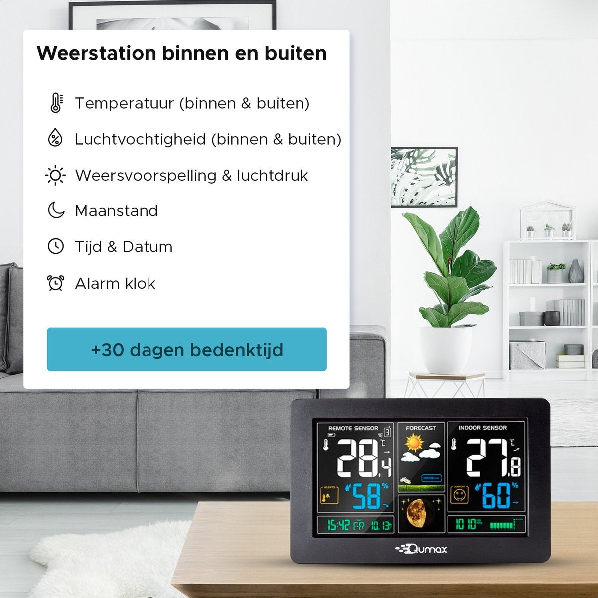 Qumax Draadloos Weerstation binnen en buiten - Hygrometer & Thermometer