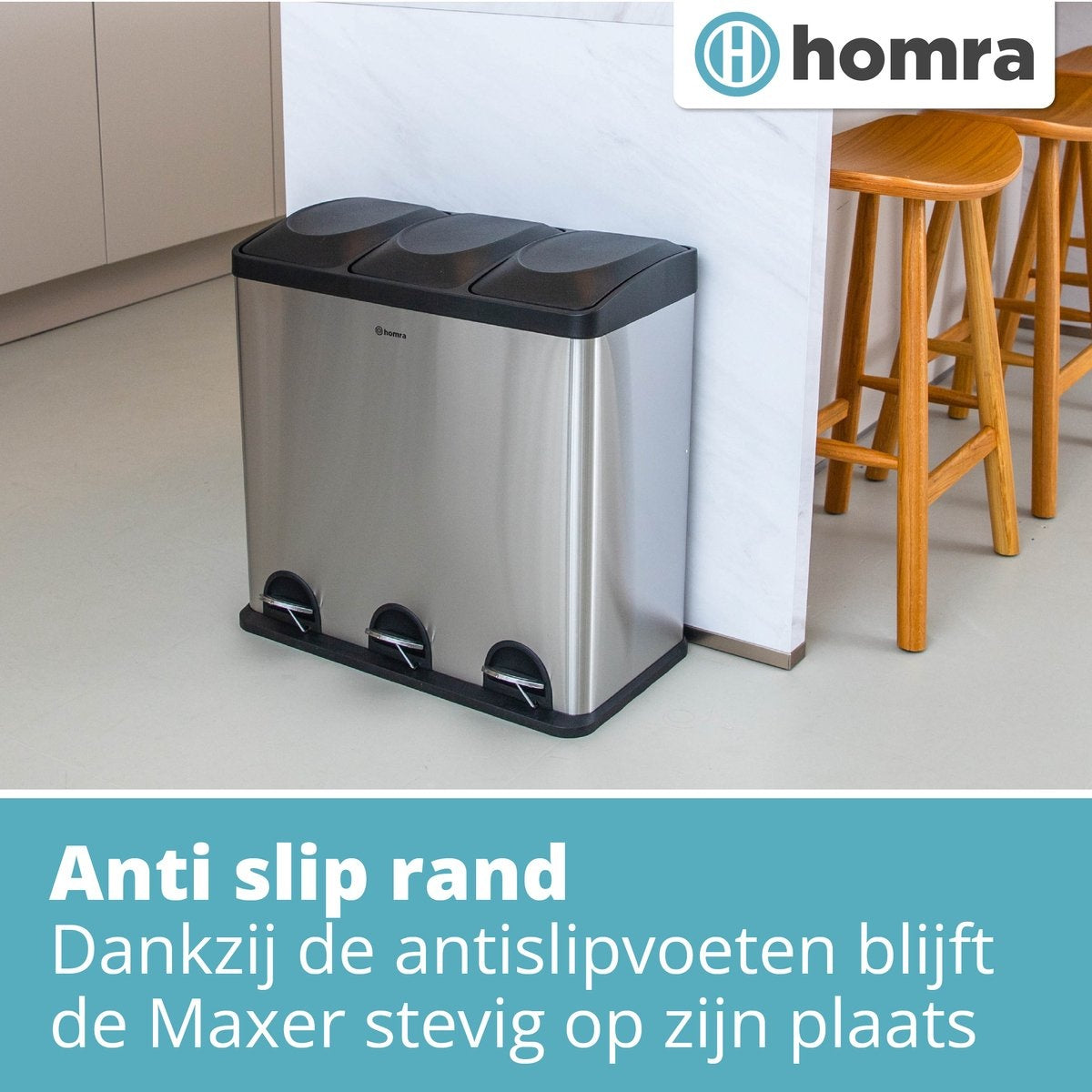 Homra Maxer Pedaalemmer 60 Liter - RVS Prullenbak 3 vakken - Trio Prullenbak 3 X 20 Liter - Prullenbak Afvalscheiding - Vuilnisbak voor huishouden en kantoor - Recycle Vuilbak keuken Afvalemmer Zilver - Afvalscheidingsprullenbakken