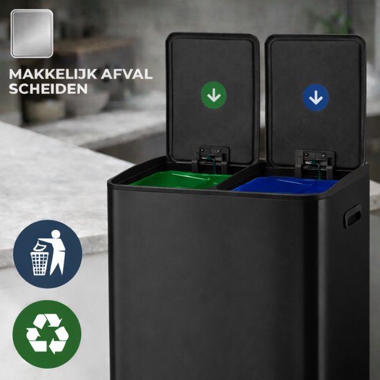 Bayt Prullenbak - Prullenbak 60 Liter (2x30) - Vuilnisbak 60 Liter - Pedaalemmer 60 Liter - Prullenbak Afvalscheiding - Prullenbak 2 Vakken - Afvalbak - RVS - Zwart/Zilver