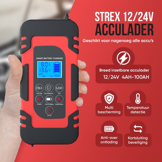 Strex Acculader - 12/24V 4/6/8A - Reparatiemodus - Voor Auto / Motor / Scooter / Boot / Camper