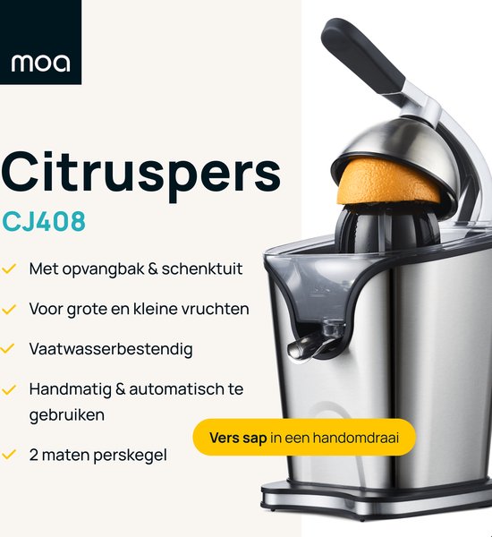 MOA Citruspers Elektrisch - Sinaasappelpers - Citroenpers met 2 Perskegels - BPA-Vrij - Handmatig - RVS - Zilver