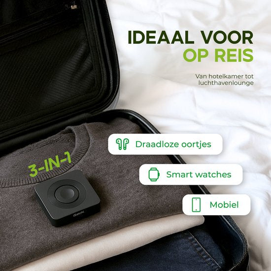 iSetchi 3-in-1 Power Base – Draadloze Oplader – Qi – 23 W – Opvouwbaar – USB-C – Geschikt voor Smartphone, Smartwatch & Oordopjes – Zwart