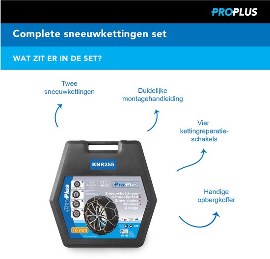 ProPlus Sneeuwkettingen - KNR255 - 16 mm stalen schakels - Önorm Keurmerk - Veiligheid - Banden - Snelle en Eenvoudige Installatie - Voor verschillende bandenmaten - Inclusief reparatieschakels en koffer - Set van 2 - 4x4 voertuig - Minivan SUV/MPV