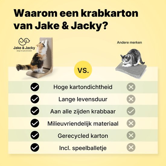 Jake en Jacky Krabkarton voor Katten met Speelballetje - Krabpaal Karton - Krabplank - Krabmand - Krabmeubel - Kartonnen Krabmat - Kattenmand - Kattenbed - 60x26,4x40 cm