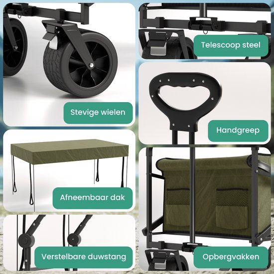 Avalo Bolderkar Met Dak XL Opvouwbaar - Tot 110KG Draagvermogen - 120L - 97x60x105 CM - 360º Wielen - Bolderwagen / Bolderkarren / Strandkar / Trekkar / Plooibare Bolderkar - Voor Strand - Groen