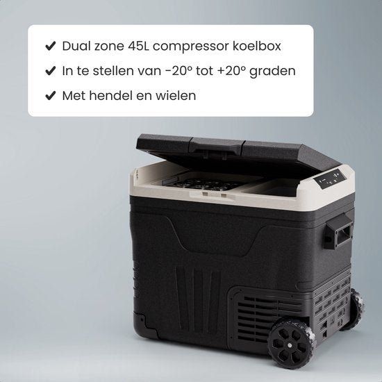 Auronic Elektrische Koelbox - Compressor - 2 Zones - 45L - 12/24V en 240V - Koelen en Vriezen - Camping Koelkast - Frigobox Auto - Met Wielen en Hendel - Zwart